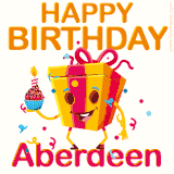A vibrant and funny gift box character with a happy face dancing with a cupcake and the text 'Happy Birthday Aberdeen,' surrounded by animated confetti and party vibes.