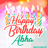 Bright birthday candles with rainbow flames on a cake, alongside the text 'Happy Birthday Abha' in vibrant script in this celebratory animated GIF.