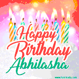 Bright birthday candles with rainbow flames on a cake, alongside the text 'Happy Birthday Abhilasha' in vibrant script in this celebratory animated GIF.