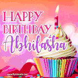 A vibrant birthday GIF featuring a rainbow-colored cupcake topped with white frosting, sprinkles, and a lit candle. The text reads 'Happy Birthday Abhilasha' in bold pink and violet letters with white outline.