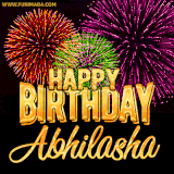 A golden 'Happy Birthday Abhilasha' message with vibrant fireworks in the background, creating a festive and celebratory vibe in this animated name GIF.