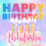 A vibrant animated name GIF with the words 'Happy Birthday Abhilasha' with colorful candles on a creamy cake. The background sparkles with pastel shades, adding a festive touch.