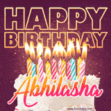 A colorful birthday cake topped with lit candles, with the words 'Happy Birthday Abhilasha' in bold glowing letters on a burgundy background. Animated flames add a festive touch.