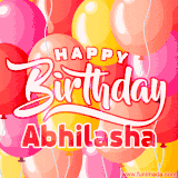 A vibrant name GIF featuring colorful balloons in shades of pink, orange, and yellow with the bold text 'Happy Birthday Abhilasha' in festive fonts, creating a lively birthday vibe.