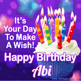 A colorful birthday GIF for Abi featuring a cupcake with vibrant lit candles and the text 'It's Your Day to Make a Wish! Happy Birthday Abi' in bold letters on a festive purple background.