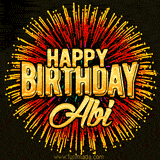 Golden 'Happy Birthday Abi' text accompanied by animated rainbow fireworks for a festive animated greeting.