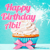 A festive cupcake with pink icing, a gingham bow, and a lit animated sparkler, paired with 'Happy Birthday Abi!' in bright pink text.