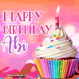 A vibrant birthday GIF featuring a rainbow-colored cupcake topped with white frosting, sprinkles, and a lit candle. The text reads 'Happy Birthday Abi' in bold pink and violet letters with white outline.