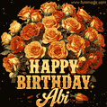 Animated bouquet of orange roses with moving butterfles and golden 'Happy Birthday Abi' text, surrounded by sparkling accents and a dark backdrop for a luxurious feel.
