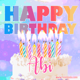 A vibrant animated name GIF with the words 'Happy Birthday Abi' with colorful candles on a creamy cake. The background sparkles with pastel shades, adding a festive touch.