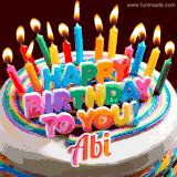 A colorful birthday cake topped with lit candles, with the words 'Happy Birthday Abi' in bold glowing letters on a burgundy background. Animated flames add a festive touch.