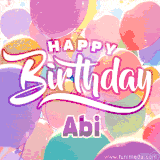 A vibrant name GIF featuring colorful balloons in shades of pink, orange, and yellow with the bold text 'Happy Birthday Abi' in festive fonts, creating a lively birthday vibe.
