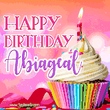 A vibrant birthday GIF featuring a rainbow-colored cupcake topped with white frosting, sprinkles, and a lit candle. The text reads 'Happy Birthday Abiageal' in bold pink and violet letters with white outline.