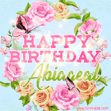 A charming animated GIF featuring 'Happy Birthday Abiageal' in pink and green text, surrounded by delicate roses, leaves, and fluttering butterflies on a soft light blue pastel background.