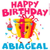 A vibrant and funny gift box character with a happy face dancing with a cupcake and the text 'Happy Birthday Abiageal,' surrounded by animated confetti and party vibes.