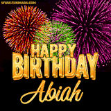 A golden 'Happy Birthday Abiah' message with vibrant fireworks in the background, creating a festive and celebratory vibe in this animated name GIF.