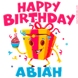 A vibrant and funny gift box character with a happy face dancing with a cupcake and the text 'Happy Birthday Abiah,' surrounded by animated confetti and party vibes.