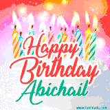 Bright birthday candles with rainbow flames on a cake, alongside the text 'Happy Birthday Abichail' in vibrant script in this celebratory animated GIF.