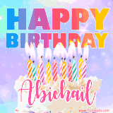 A vibrant animated name GIF with the words 'Happy Birthday Abichail' with colorful candles on a creamy cake. The background sparkles with pastel shades, adding a festive touch.