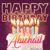 A colorful birthday cake topped with lit candles, with the words 'Happy Birthday Abichail' in bold glowing letters on a burgundy background. Animated flames add a festive touch.