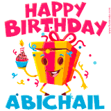A vibrant and funny gift box character with a happy face dancing with a cupcake and the text 'Happy Birthday Abichail,' surrounded by animated confetti and party vibes.