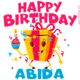A vibrant and funny gift box character with a happy face dancing with a cupcake and the text 'Happy Birthday Abida,' surrounded by animated confetti and party vibes.