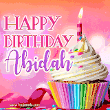 A vibrant birthday GIF featuring a rainbow-colored cupcake topped with white frosting, sprinkles, and a lit candle. The text reads 'Happy Birthday Abidah' in bold pink and violet letters with white outline.
