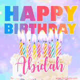 A vibrant animated name GIF with the words 'Happy Birthday Abidah' with colorful candles on a creamy cake. The background sparkles with pastel shades, adding a festive touch.