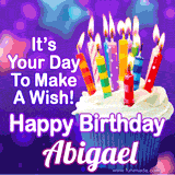 A colorful birthday GIF for Abigael featuring a cupcake with vibrant lit candles and the text 'It's Your Day to Make a Wish! Happy Birthday Abigael' in bold letters on a festive purple background.