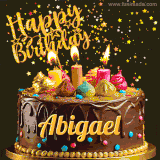 A delightful chocolate birthday cake with bright candles and 'Happy Birthday Abigael' written in gold amidst a shower of animated stars.