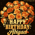 Animated bouquet of orange roses with moving butterfles and golden 'Happy Birthday Abigael' text, surrounded by sparkling accents and a dark backdrop for a luxurious feel.