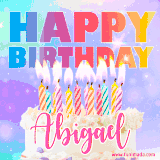 A vibrant animated name GIF with the words 'Happy Birthday Abigael' with colorful candles on a creamy cake. The background sparkles with pastel shades, adding a festive touch.