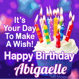 A colorful birthday GIF for Abigaelle featuring a cupcake with vibrant lit candles and the text 'It's Your Day to Make a Wish! Happy Birthday Abigaelle' in bold letters on a festive purple background.