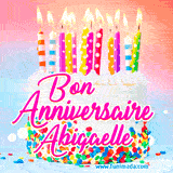 A white birthday cake covered in colorful sprinkles, topped with bright candles, and French text 'Bon Anniversaire Abigaelle' on a pastel gradient background in an animated GIF.