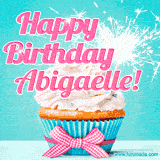 A festive cupcake with pink icing, a gingham bow, and a lit animated sparkler, paired with 'Happy Birthday Abigaelle!' in bright pink text.