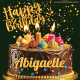 A delightful chocolate birthday cake with bright candles and 'Happy Birthday Abigaelle' written in gold amidst a shower of animated stars.