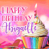 A vibrant birthday GIF featuring a rainbow-colored cupcake topped with white frosting, sprinkles, and a lit candle. The text reads 'Happy Birthday Abigaelle' in bold pink and violet letters with white outline.