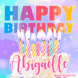 A vibrant animated name GIF with the words 'Happy Birthday Abigaelle' with colorful candles on a creamy cake. The background sparkles with pastel shades, adding a festive touch.