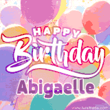 A vibrant name GIF featuring colorful balloons in shades of pink, orange, and yellow with the bold text 'Happy Birthday Abigaelle' in festive fonts, creating a lively birthday vibe.