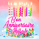 A white birthday cake covered in colorful sprinkles, topped with bright candles, and French text 'Bon Anniversaire Abigale' on a pastel gradient background in an animated GIF.