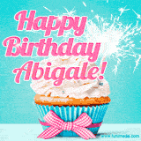 A festive cupcake with pink icing, a gingham bow, and a lit animated sparkler, paired with 'Happy Birthday Abigale!' in bright pink text.