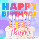 A vibrant animated name GIF with the words 'Happy Birthday Abigale' with colorful candles on a creamy cake. The background sparkles with pastel shades, adding a festive touch.