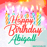 Bright birthday candles with rainbow flames on a cake, alongside the text 'Happy Birthday Abigall' in vibrant script in this celebratory animated GIF.
