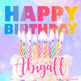 A vibrant animated name GIF with the words 'Happy Birthday Abigall' with colorful candles on a creamy cake. The background sparkles with pastel shades, adding a festive touch.