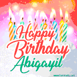 Bright birthday candles with rainbow flames on a cake, alongside the text 'Happy Birthday Abigayil' in vibrant script in this celebratory animated GIF.