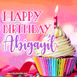 A vibrant birthday GIF featuring a rainbow-colored cupcake topped with white frosting, sprinkles, and a lit candle. The text reads 'Happy Birthday Abigayil' in bold pink and violet letters with white outline.