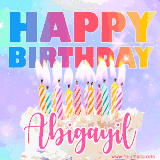 A vibrant animated name GIF with the words 'Happy Birthday Abigayil' with colorful candles on a creamy cake. The background sparkles with pastel shades, adding a festive touch.