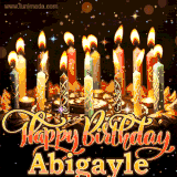 A glowing personalized birthday GIF with name Abigayle featuring lit candles with intricate designs, warm lighting, and the text 'Happy Birthday' in an elegant font.