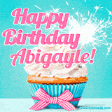 A festive cupcake with pink icing, a gingham bow, and a lit animated sparkler, paired with 'Happy Birthday Abigayle!' in bright pink text.