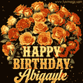 Animated bouquet of orange roses with moving butterfles and golden 'Happy Birthday Abigayle' text, surrounded by sparkling accents and a dark backdrop for a luxurious feel.